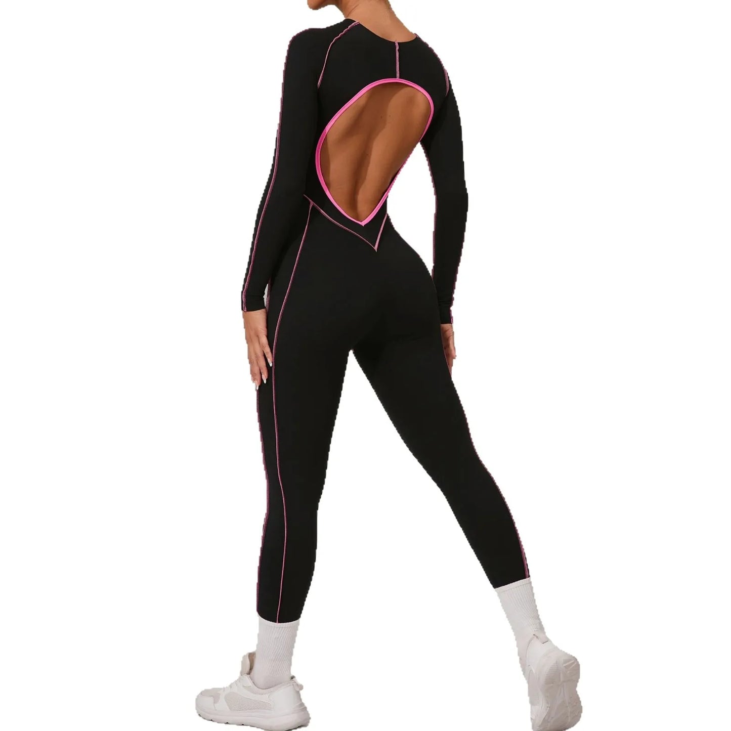 Yoga Suit Sport Fitness Seamless Line Contrast Color Skinny Pants One PieceYoga Clothing On The Back Long Sleeves Fitness Suit