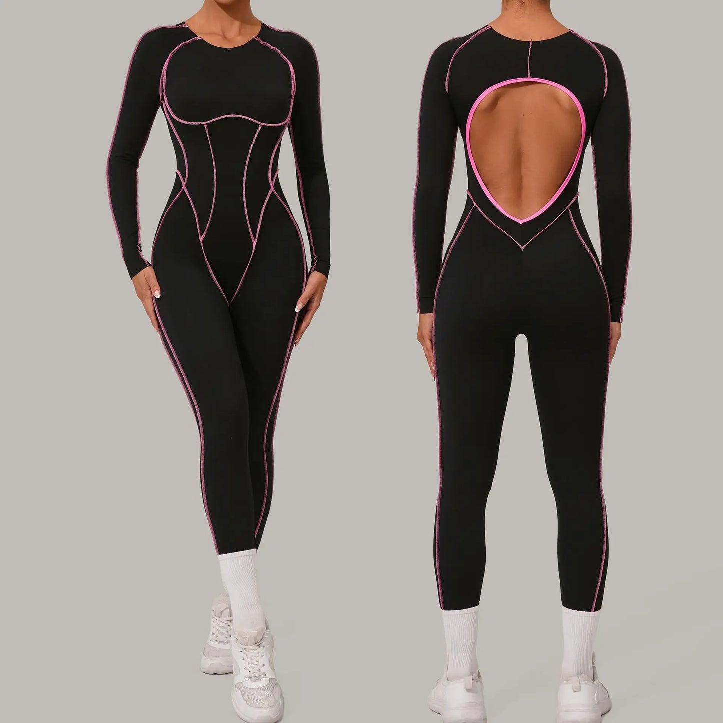 Yoga Suit Sport Fitness Seamless Line Contrast Color Skinny Pants One PieceYoga Clothing On The Back Long Sleeves Fitness Suit