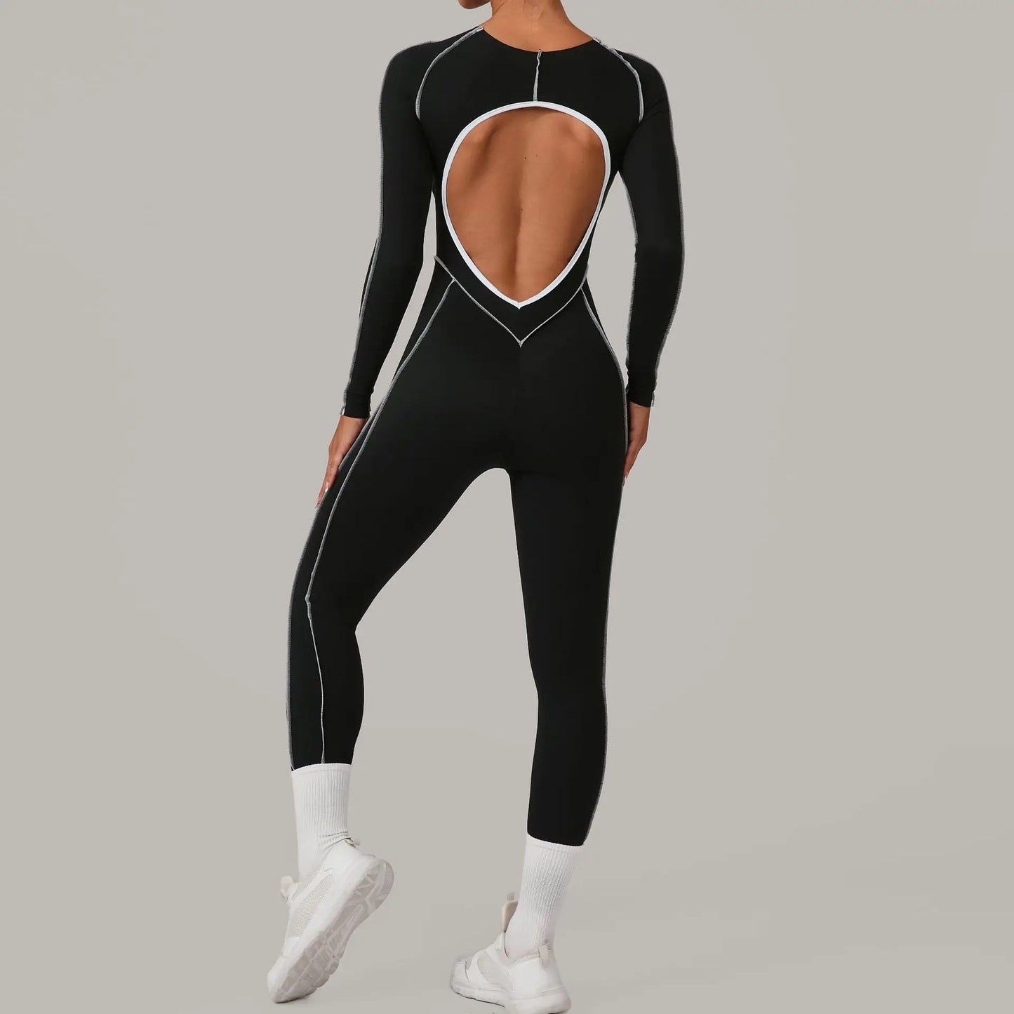 Yoga Suit Sport Fitness Seamless Line Contrast Color Skinny Pants One PieceYoga Clothing On The Back Long Sleeves Fitness Suit