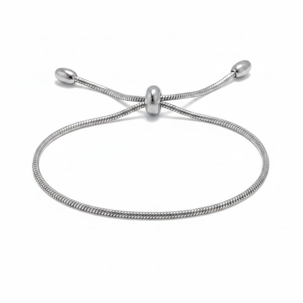 PRO RAY ZARELIA silver snake chain bracelet with adjustable slider and oval end caps. Minimalist design.