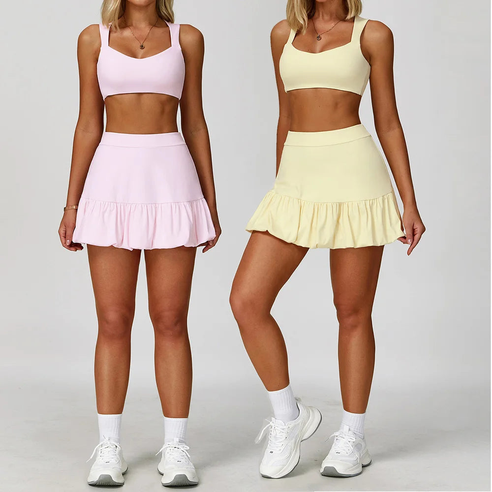 Women Gym Suits 2 Pieces Yoga Sets  Fitness Running Sportswear Workout Sets for Crop Tank High Waist Sports Short Skirt Outfits