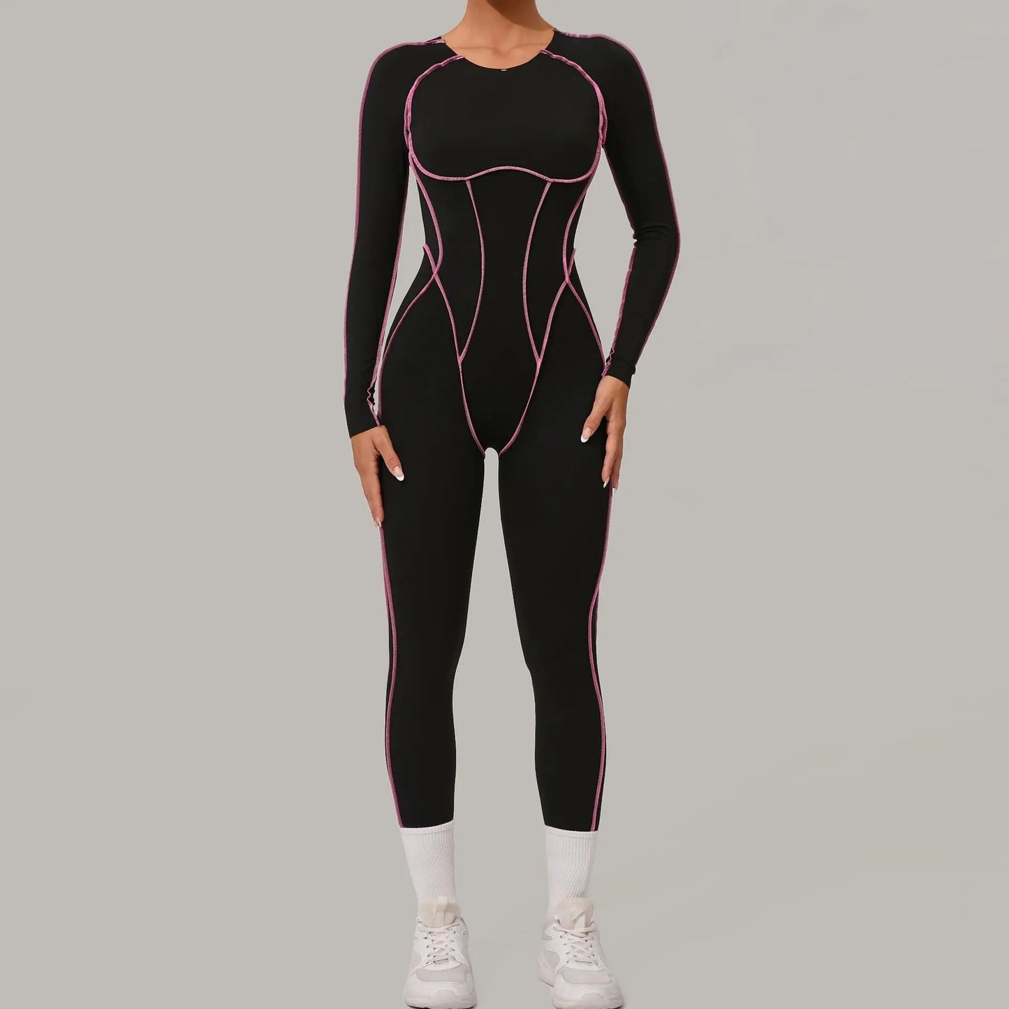 Yoga Suit Sport Fitness Seamless Line Contrast Color Skinny Pants One PieceYoga Clothing On The Back Long Sleeves Fitness Suit