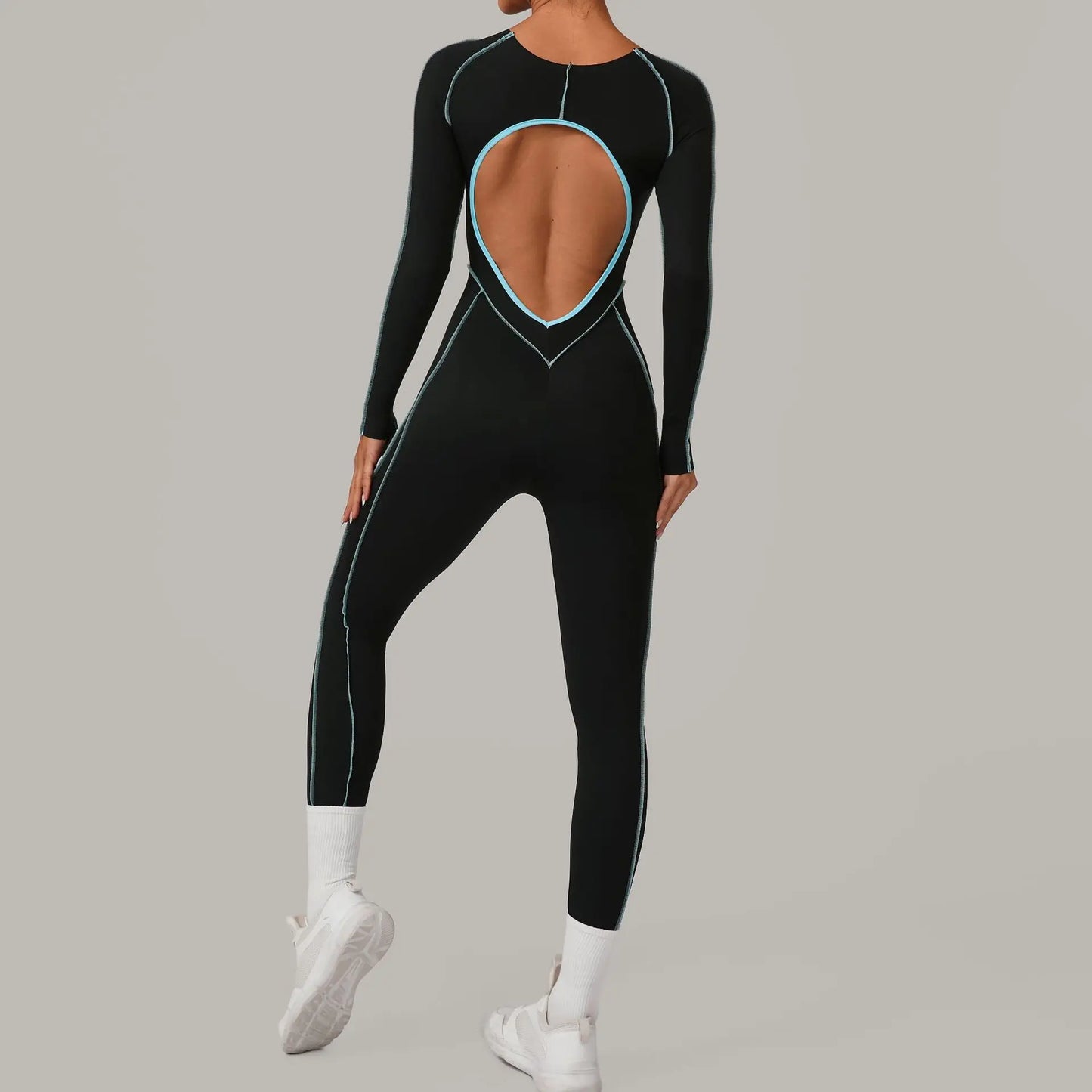 Yoga Suit Sport Fitness Seamless Line Contrast Color Skinny Pants One PieceYoga Clothing On The Back Long Sleeves Fitness Suit