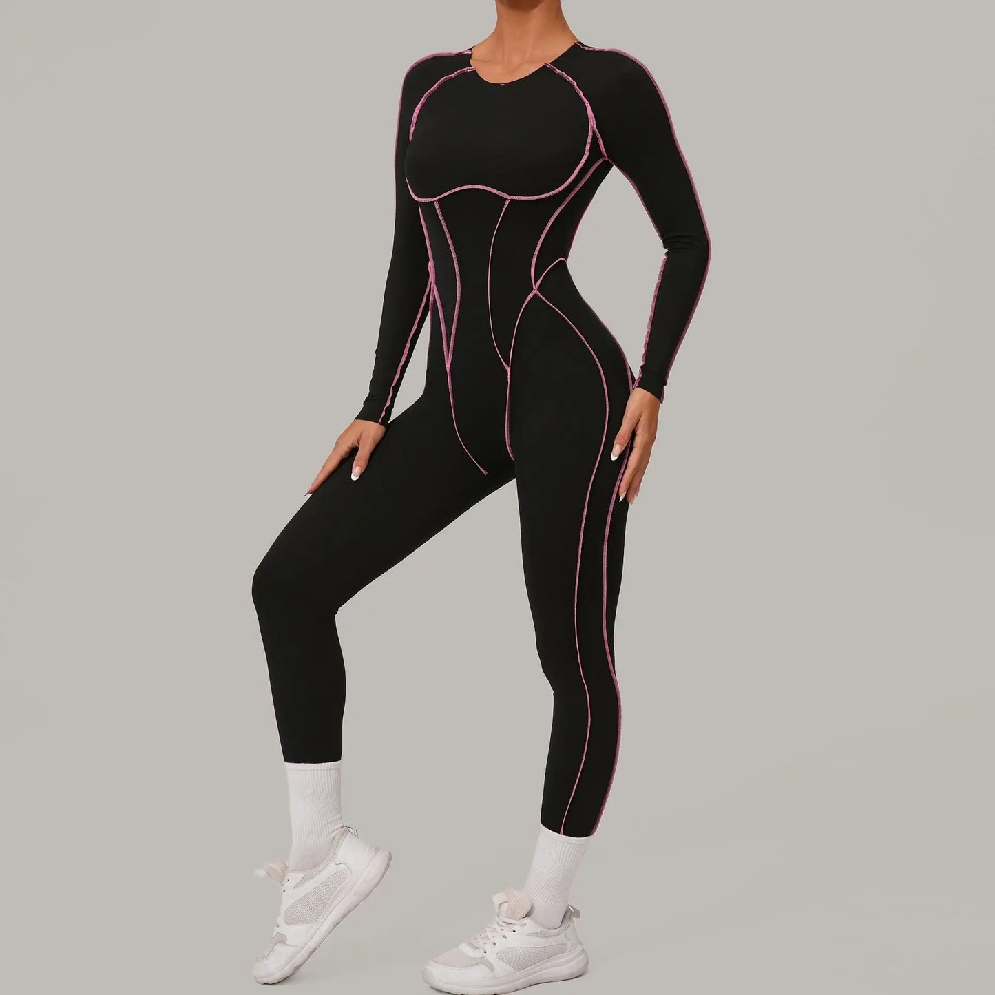 Yoga Suit Sport Fitness Seamless Line Contrast Color Skinny Pants One PieceYoga Clothing On The Back Long Sleeves Fitness Suit