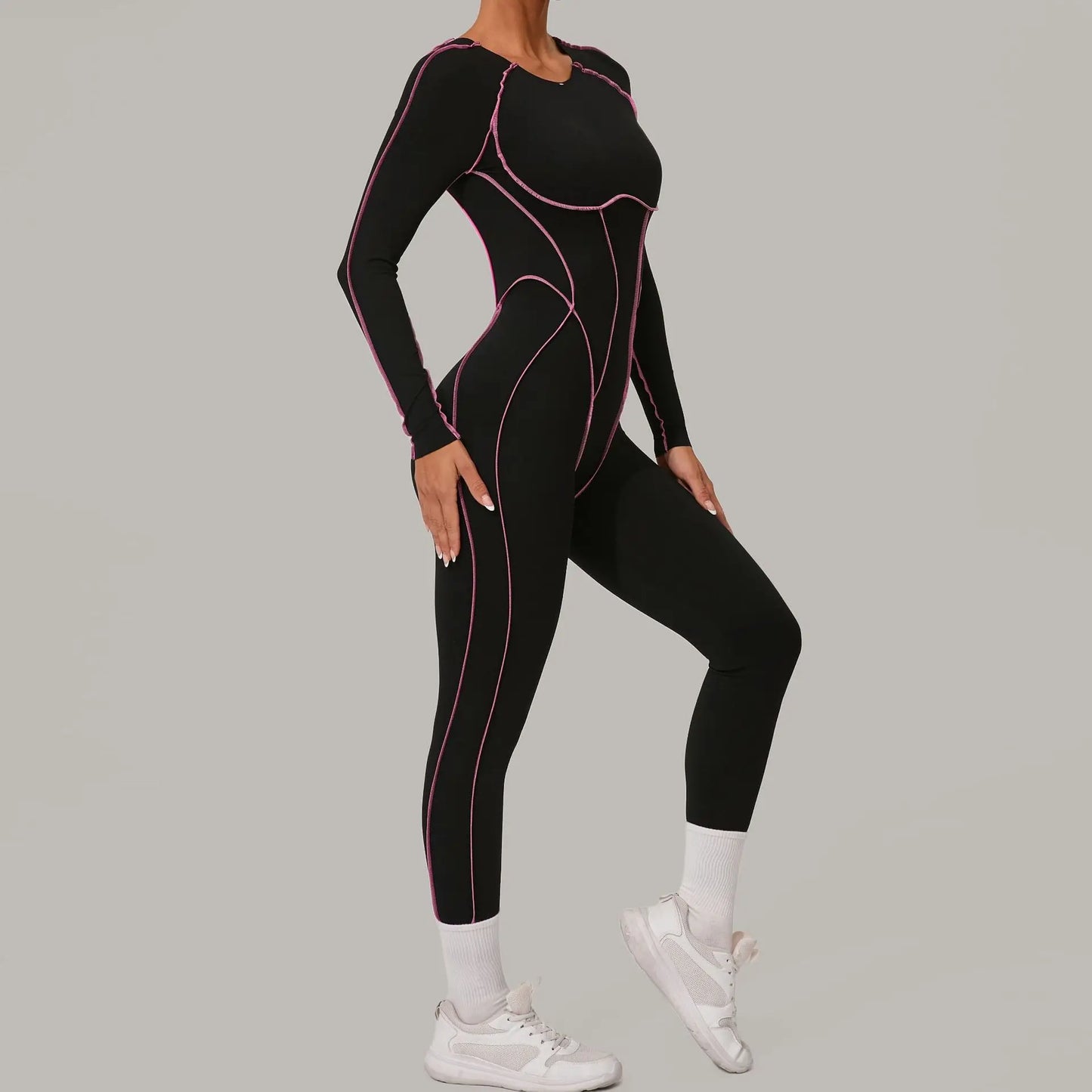 Yoga Suit Sport Fitness Seamless Line Contrast Color Skinny Pants One PieceYoga Clothing On The Back Long Sleeves Fitness Suit