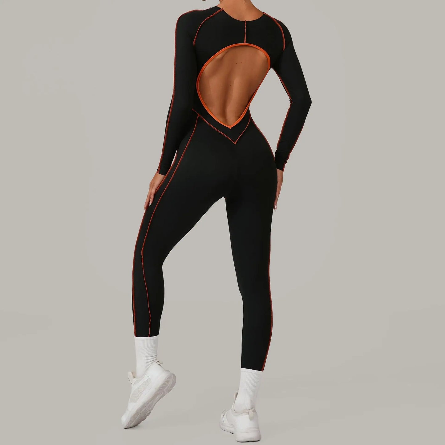 Yoga Suit Sport Fitness Seamless Line Contrast Color Skinny Pants One PieceYoga Clothing On The Back Long Sleeves Fitness Suit