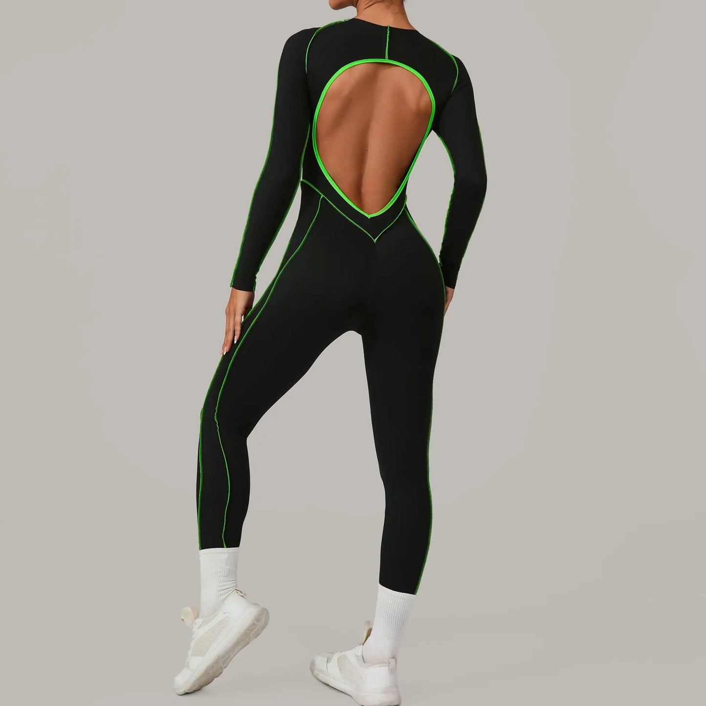 Yoga Suit Sport Fitness Seamless Line Contrast Color Skinny Pants One PieceYoga Clothing On The Back Long Sleeves Fitness Suit