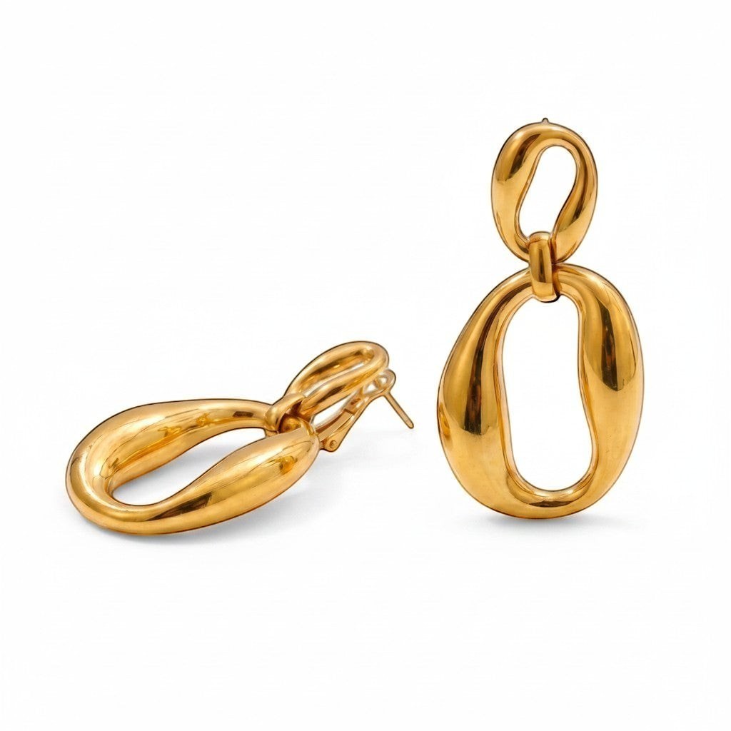 PRO RAY ORINA sculptural open oval drop earrings in polished gold finish, side view.