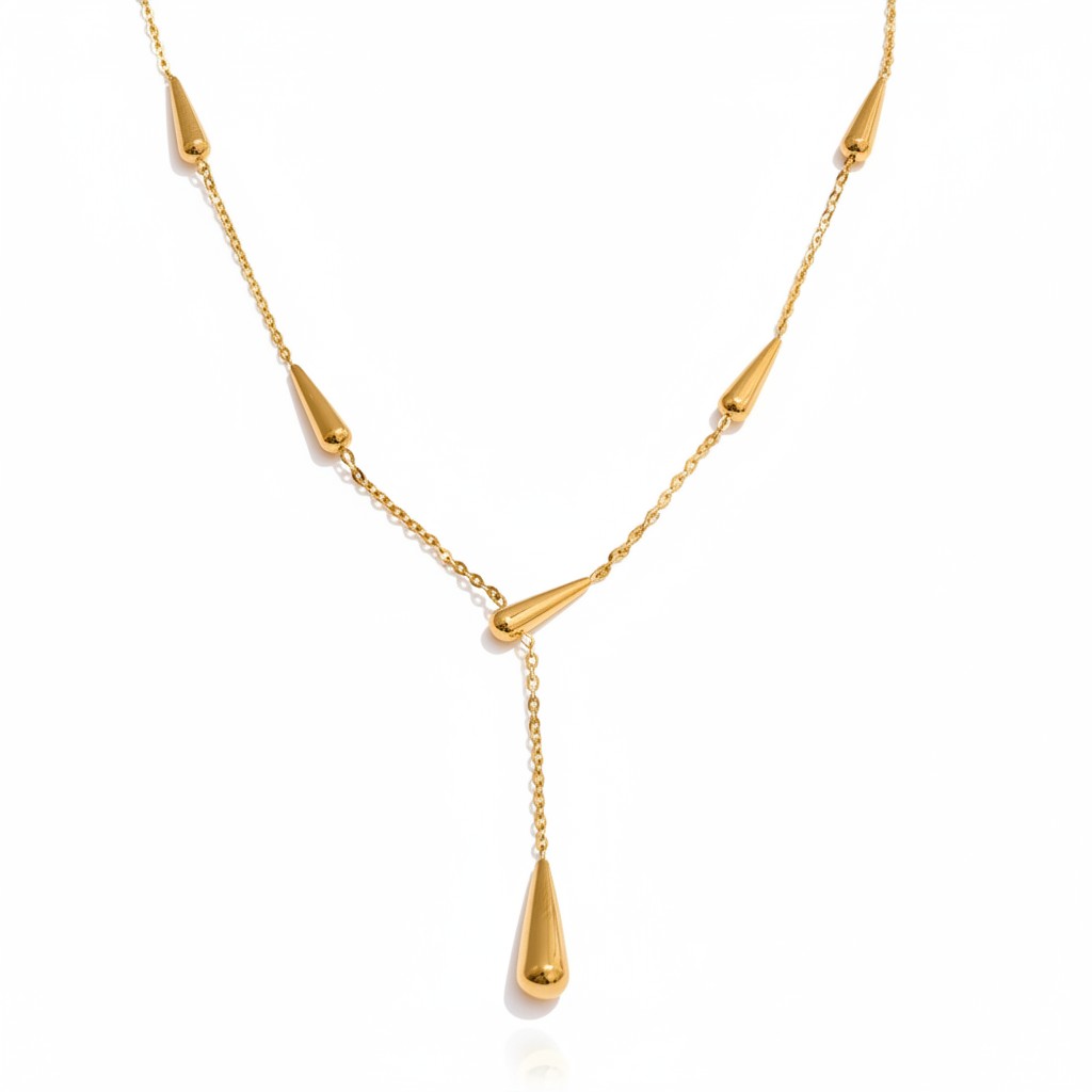 PRO RAY AIRA gold-tone necklace with drop-shaped accents on a delicate chain. Modern elegance.