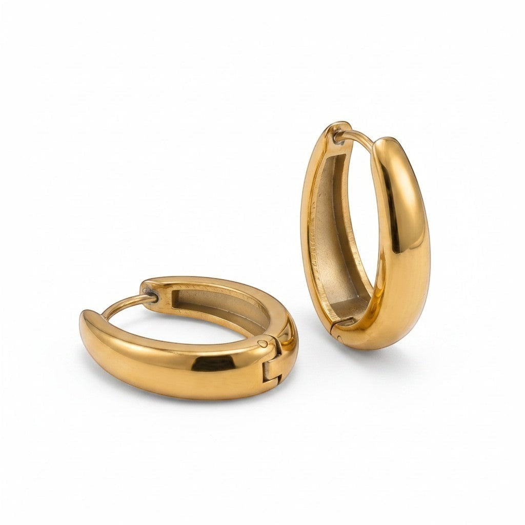 PRO RAY ARIA Hoops: polished gold sculptural huggie earrings, 23mm diameter, for everyday wear.