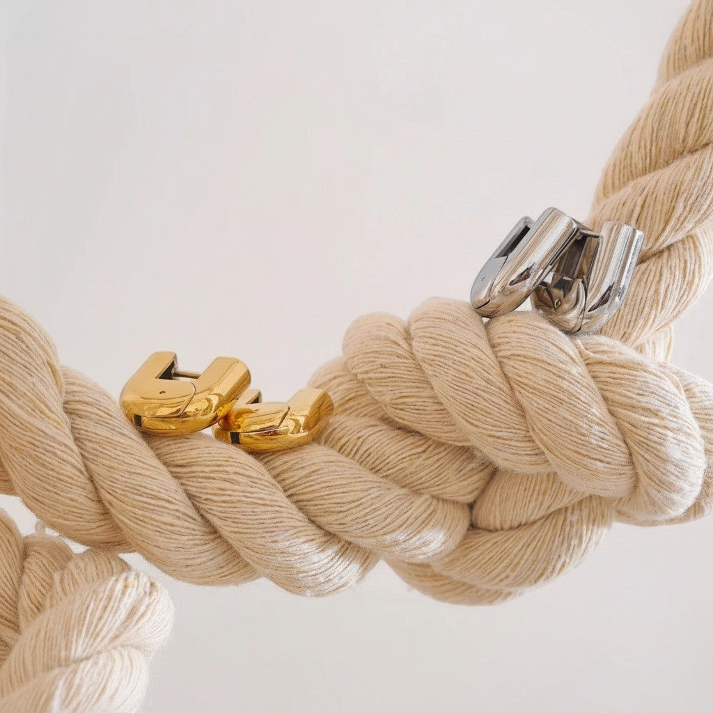 PRO RAY ELARA gold and silver sculptural hoop earrings, 20mm diameter, on a thick rope.