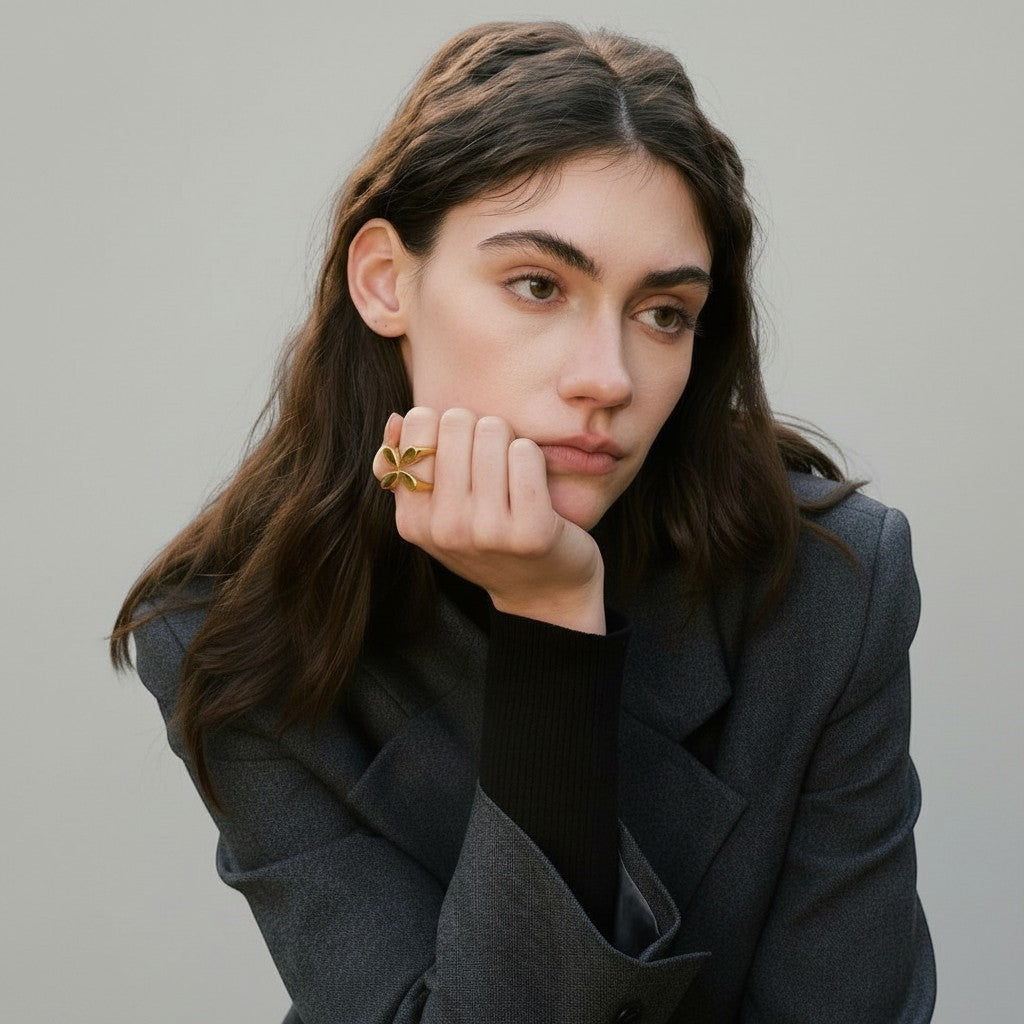 PRO RAY ELIANE open ring with petal shapes in polished gold finish, worn by a model.