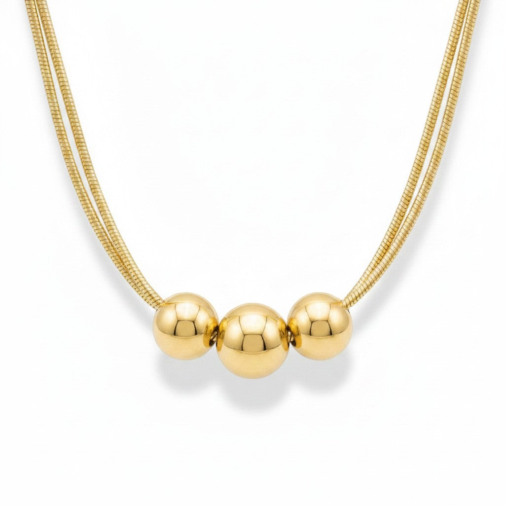 PRO RAY gold plated necklace with three polished beads on a double snake chain, 40cm + 5cm extension.