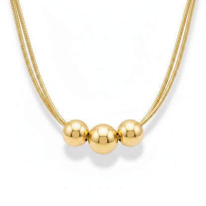 PRO RAY gold plated necklace with three polished beads on a double snake chain, 40cm + 5cm extension.