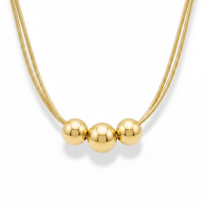 PRO RAY gold necklace with three polished beads on a double snake chain, 40cm + 5cm extension.