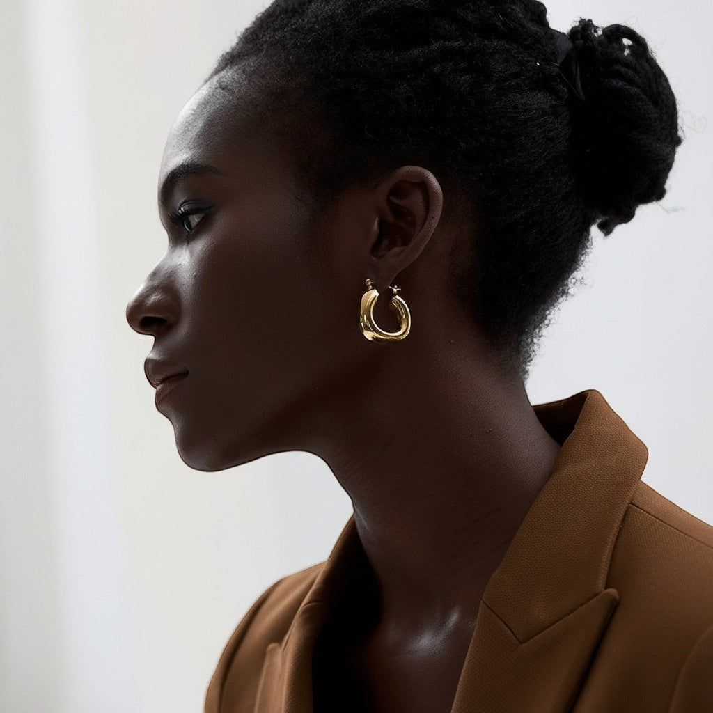 PRO RAY SOREYA sculptural gold hoops with smooth curved form, 30mm diameter.