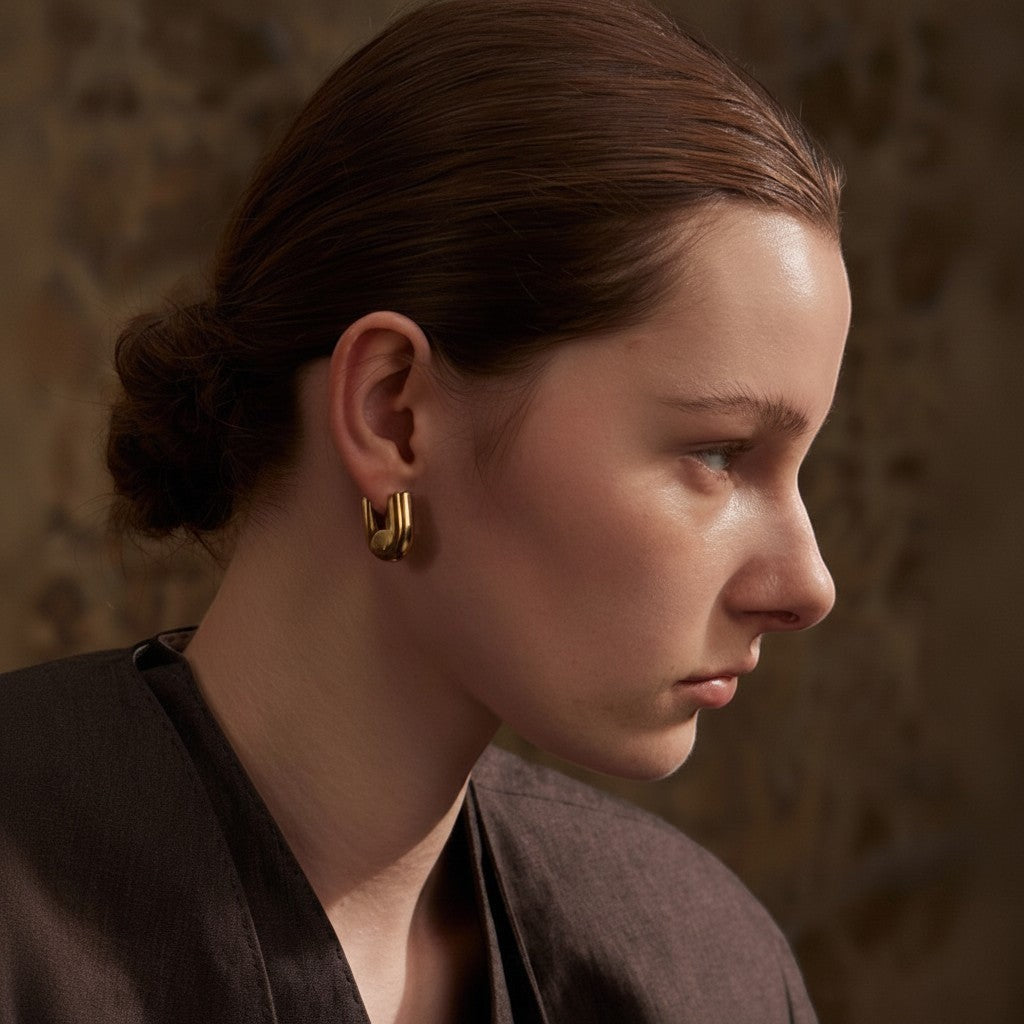 PRO RAY gold sculptural hoop earrings with a smooth finish, 20mm diameter, designed for everyday wear.