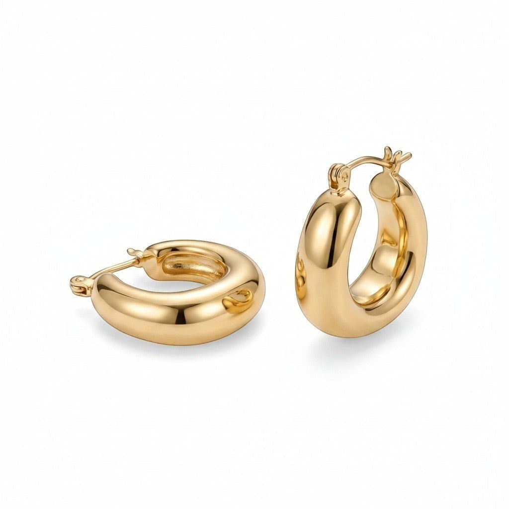 PRO RAY SOREYA sculptural gold-tone brass hoop earrings, 30mm diameter, smooth curved form.