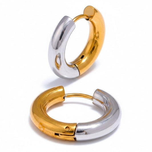 PRO RAY LIORA two tone hoop earrings, polished gold and silver finish, 20mm diameter.