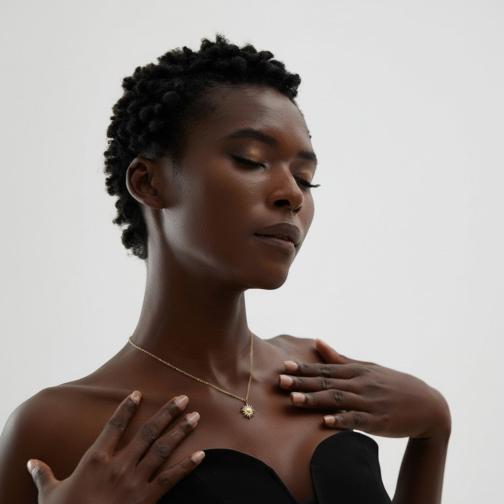 PRO RAY LUNEA necklace with a sun pendant, delicate chain, and sculptural silhouette in gold-tone metal.