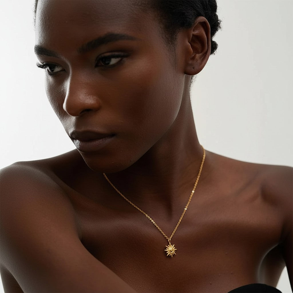 PRO RAY Lunea gold-tone sun pendant necklace with delicate chain, 17mm pendant, 39cm chain.