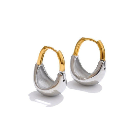 PRO RAY MIREYA sculptural hoop earrings with polished gold and silver finishes, 18mm diameter.