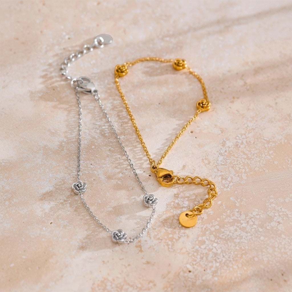 PRO RAY ROVELIA bracelet in silver and gold, delicate floral chain with rose accents, adjustable clasp.