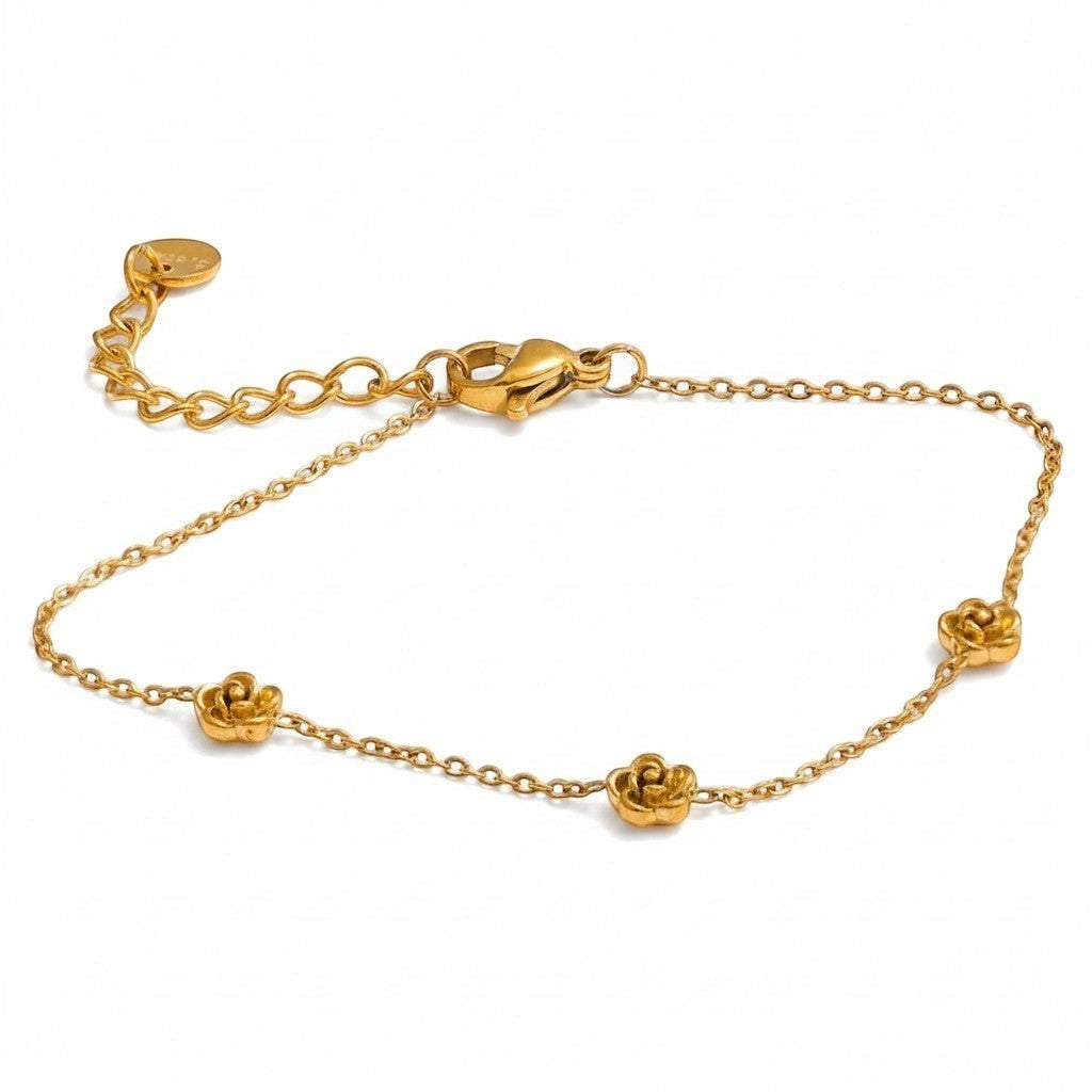 PRO RAY ROVELIA delicate gold floral chain bracelet with rose accents. Minimalist, feminine, elegant.
