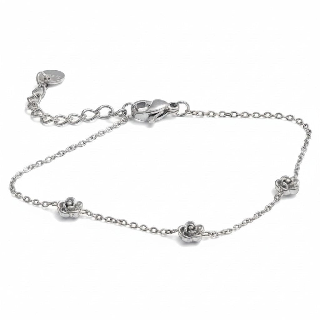 PRO RAY ROVELIA delicate silver floral chain bracelet with rose accents and adjustable clasp.