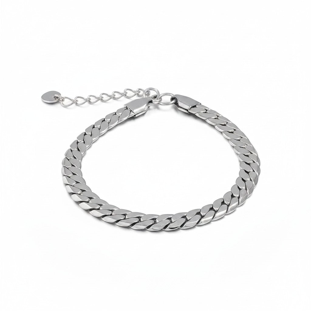 PRO RAY silver curb chain bracelet with polished structured links and adjustable clasp. 7mm width.