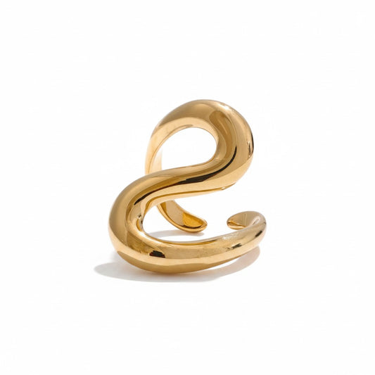 PRO RAY SORELLE open ring with fluid curved lines in polished gold. Modern sculptural design.