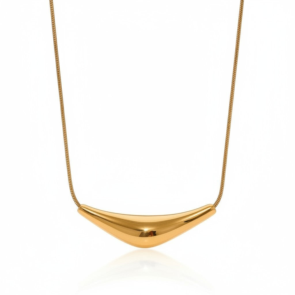 PRO RAY VIRA gold sculptural statement necklace with fluid design, 45mm pendant, 40cm chain.