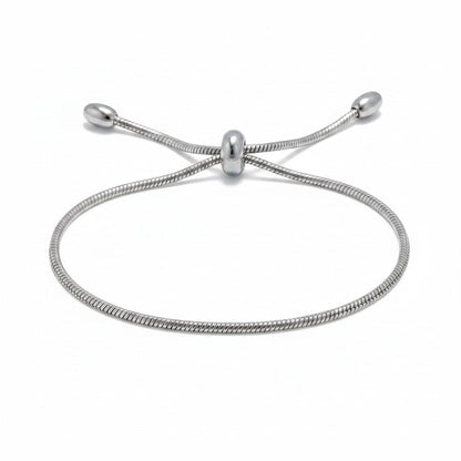 PRO RAY ZARELIA silver snake chain bracelet with adjustable slider and oval end caps. Minimalist design.