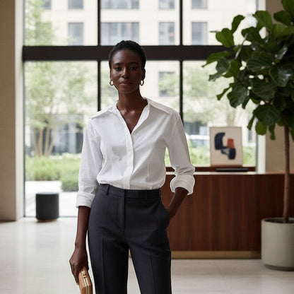 PRO RAY ZARIA gold twisted hoop earrings with a sculptural silhouette on a model wearing a white shirt.