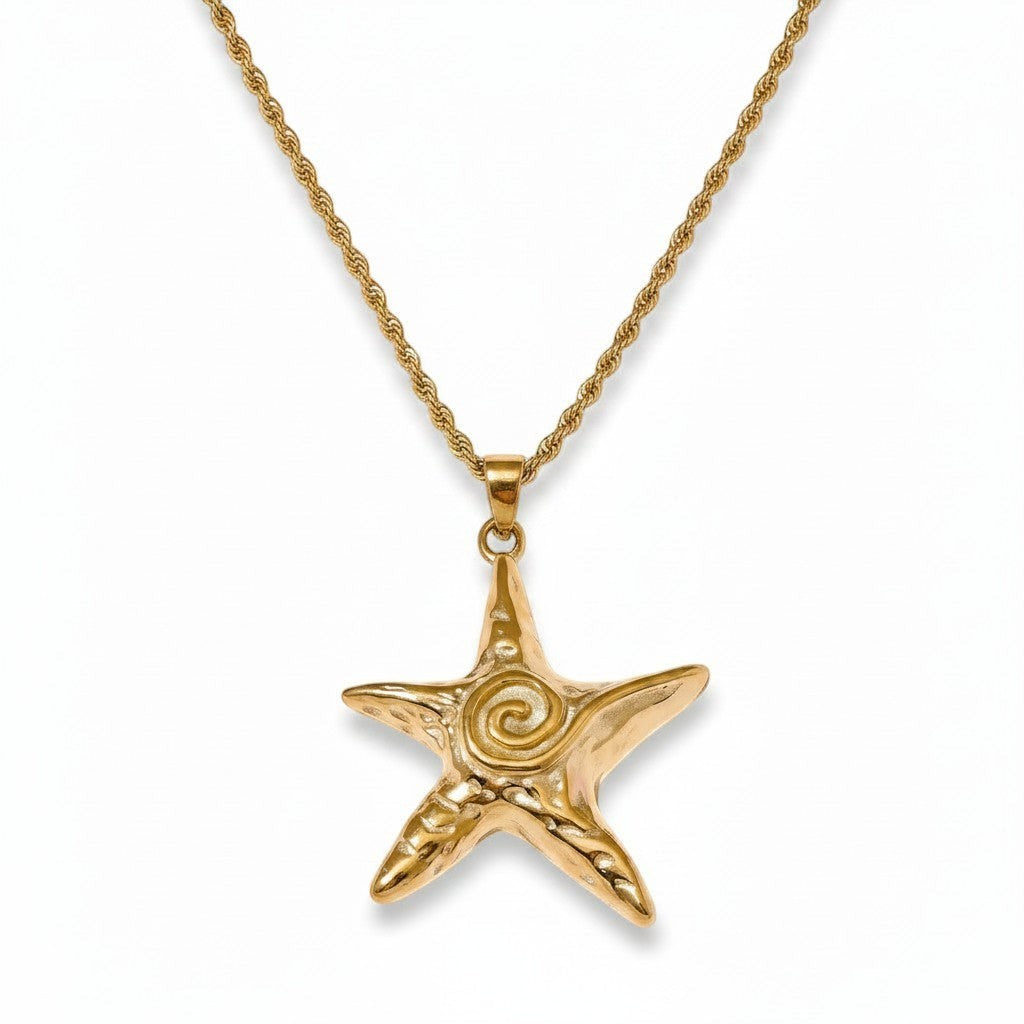 PRO RAY ZOREYA gold starfish pendant necklace with rope chain, featuring sculptural detailing and a spiral accent.